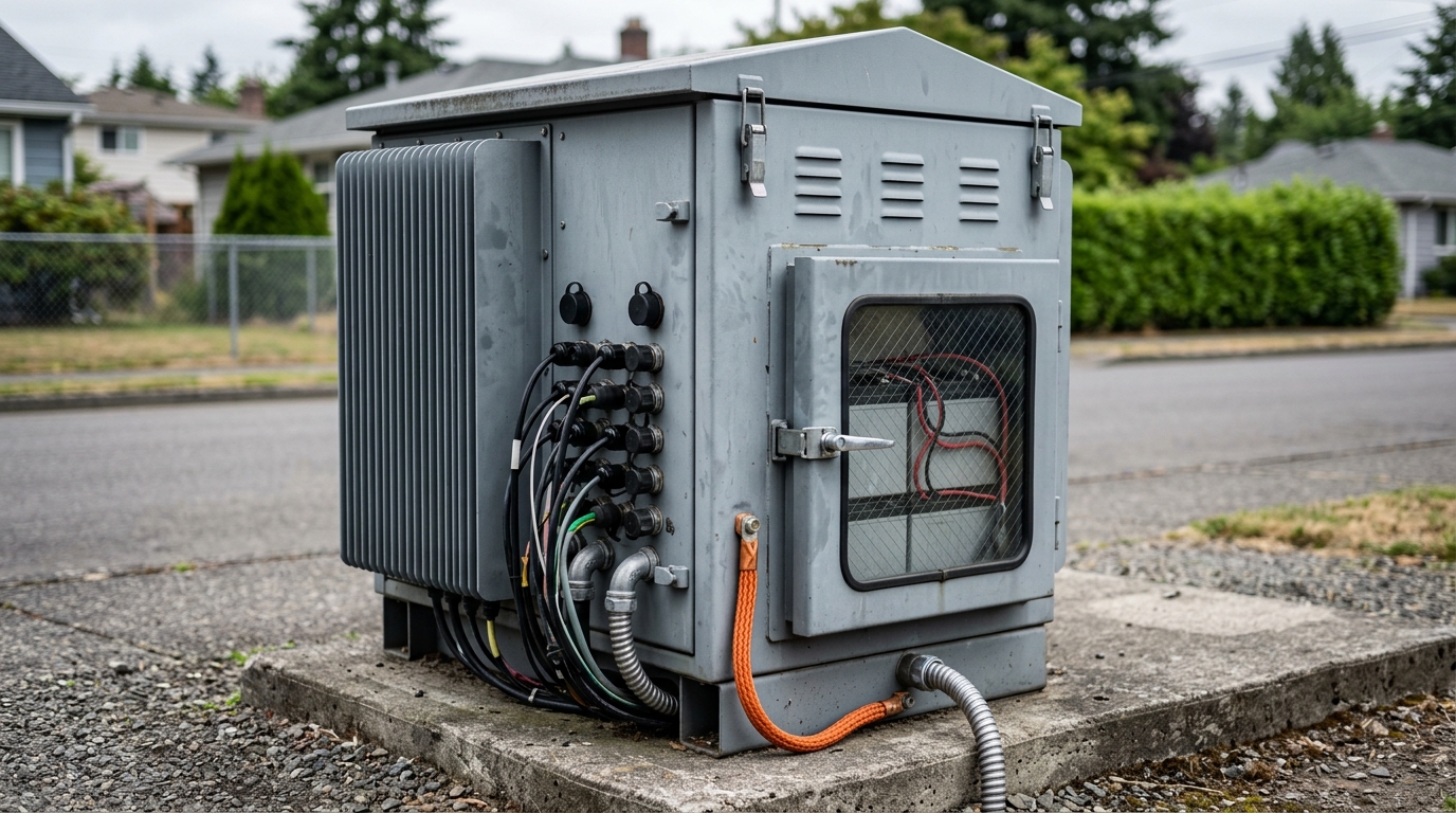 Powered outdoor telecom cabinet with cooling fins and a sealed power compartment on a suburban street