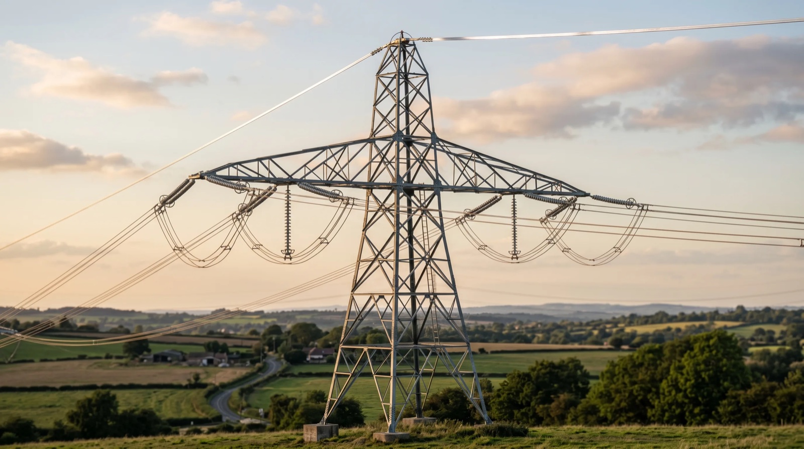 An all-dielectric self-supporting optical cable strung below the energised conductors of a high-voltage transmission line, seen against a lattice steel tower