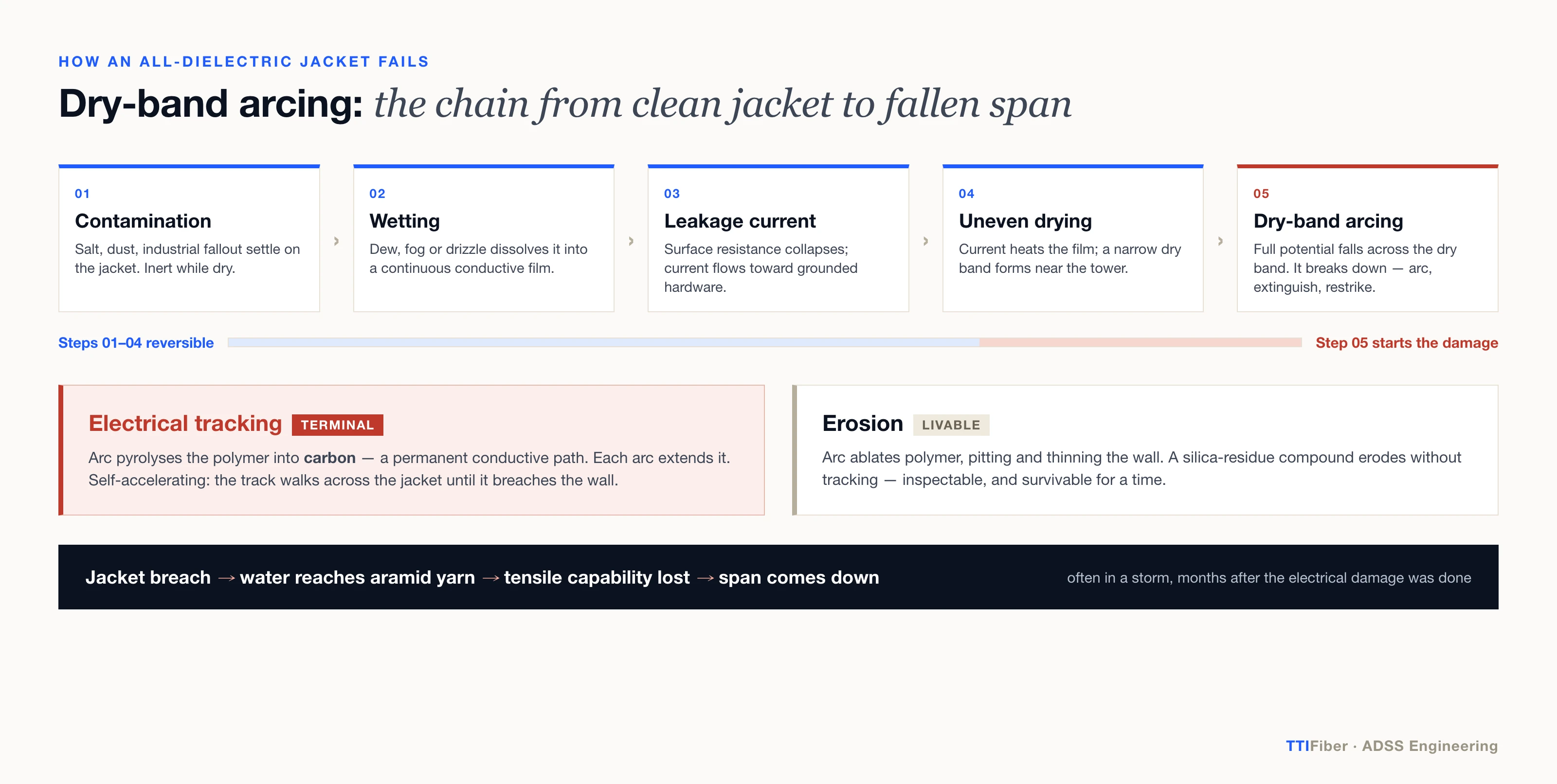 Diagram of the ADSS jacket failure chain: contamination, wetting, conductive film, leakage current, uneven drying, dry band, arcing, then branching to carbon tracking and erosion, ending in jacket breach and aramid failure