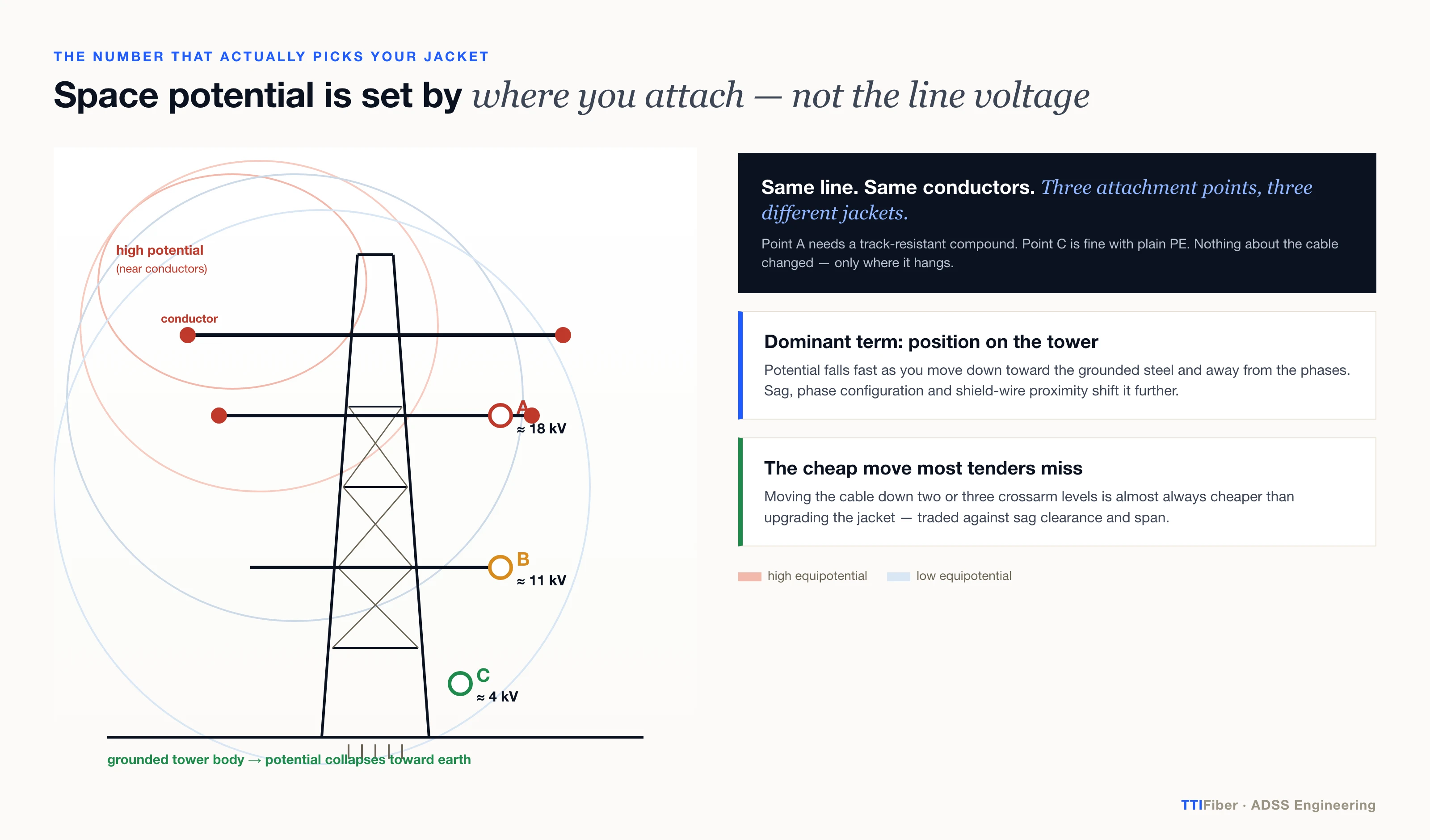 Diagram of a transmission tower cross-section showing equipotential contours between energised conductors and the grounded tower body, with three candidate ADSS attachment points at descending crossarm levels and their differing space potentials