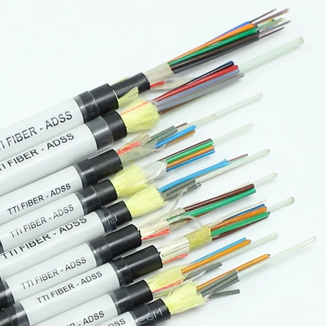 A fan of TTI ADSS all-dielectric self-supporting aerial fiber optic cables in different fiber counts