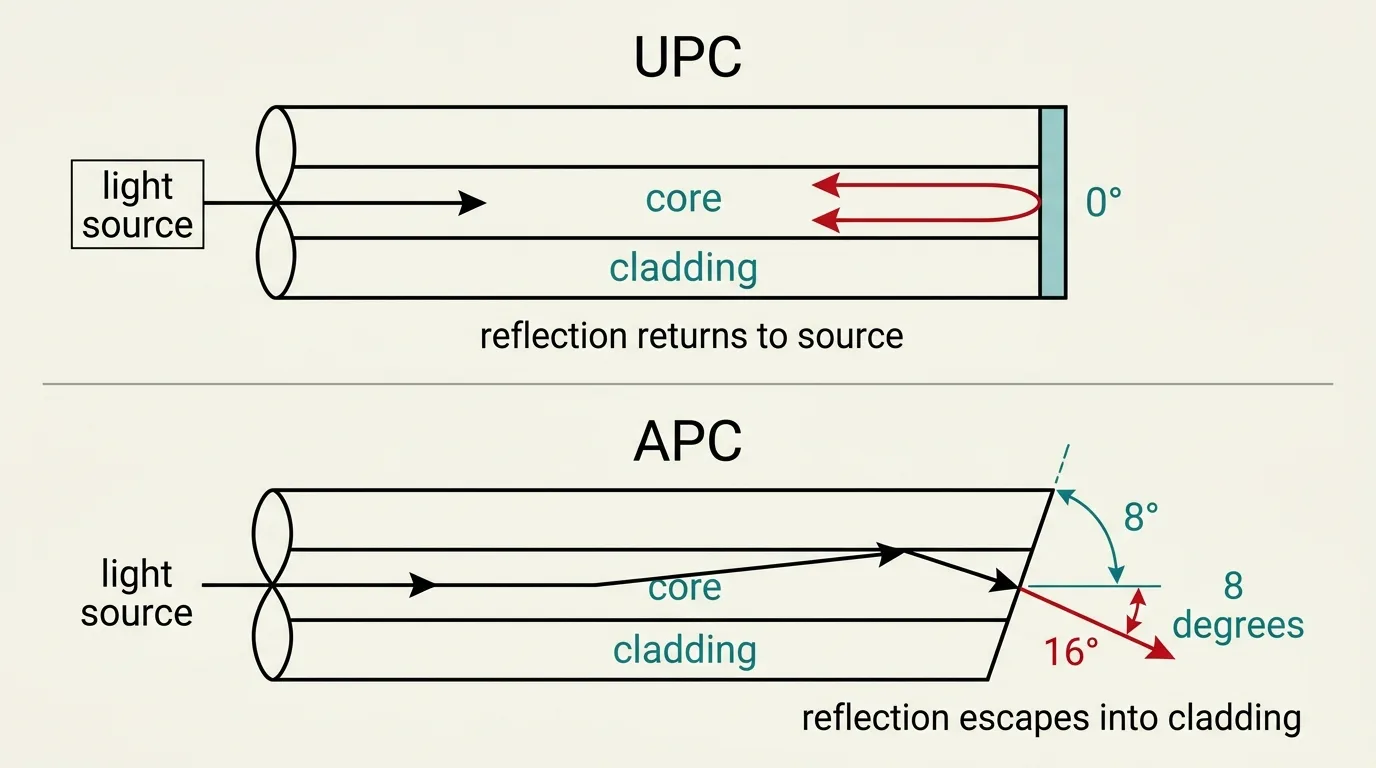 Cross-section diagram comparing UPC flat endface geometry, where reflected light returns straight up the fiber core, versus APC 8-degree angled endface geometry, where reflected light is deflected out into the cladding away from the light source