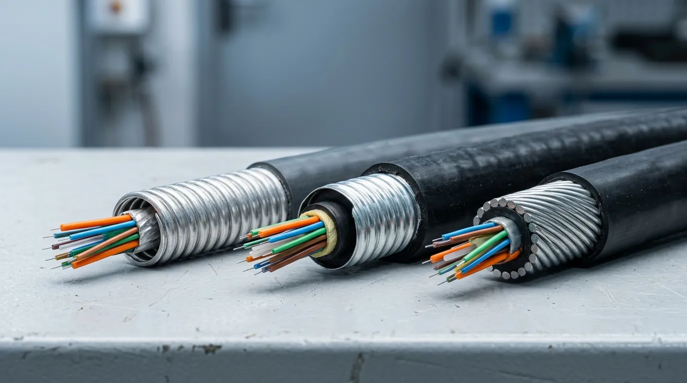 Comparison of interlocked armor, corrugated steel tape, and steel wire armored fiber optic cable