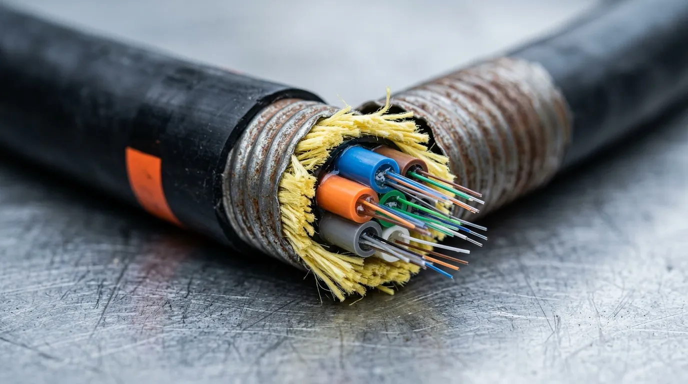 Cutaway view of an armored loose-tube fiber optic cable showing corrugated steel tape armor, gel-filled loose tubes and aramid strength yarns