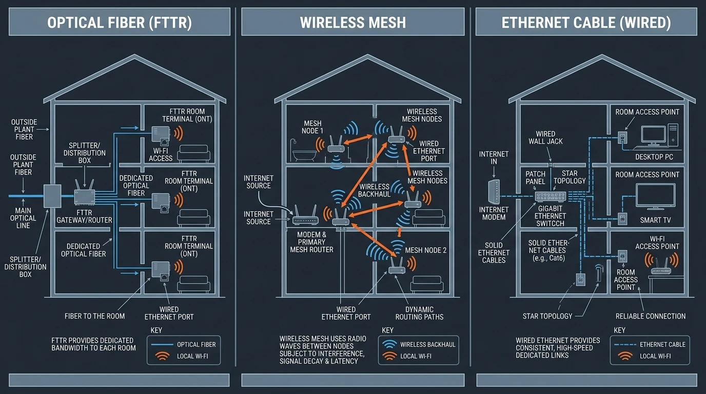 Backhaul comparison diagram: FTTR optical fiber to each room versus mesh Wi-Fi wireless backhaul versus Ethernet cabling, technical schematic in cool gray-blue with safety-orange accents