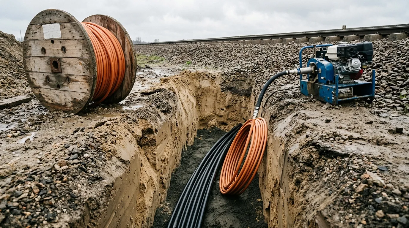 Open cable trench beside a railway embankment with microduct bundles installed and a duct-blowing machine connected to a reel of microduct