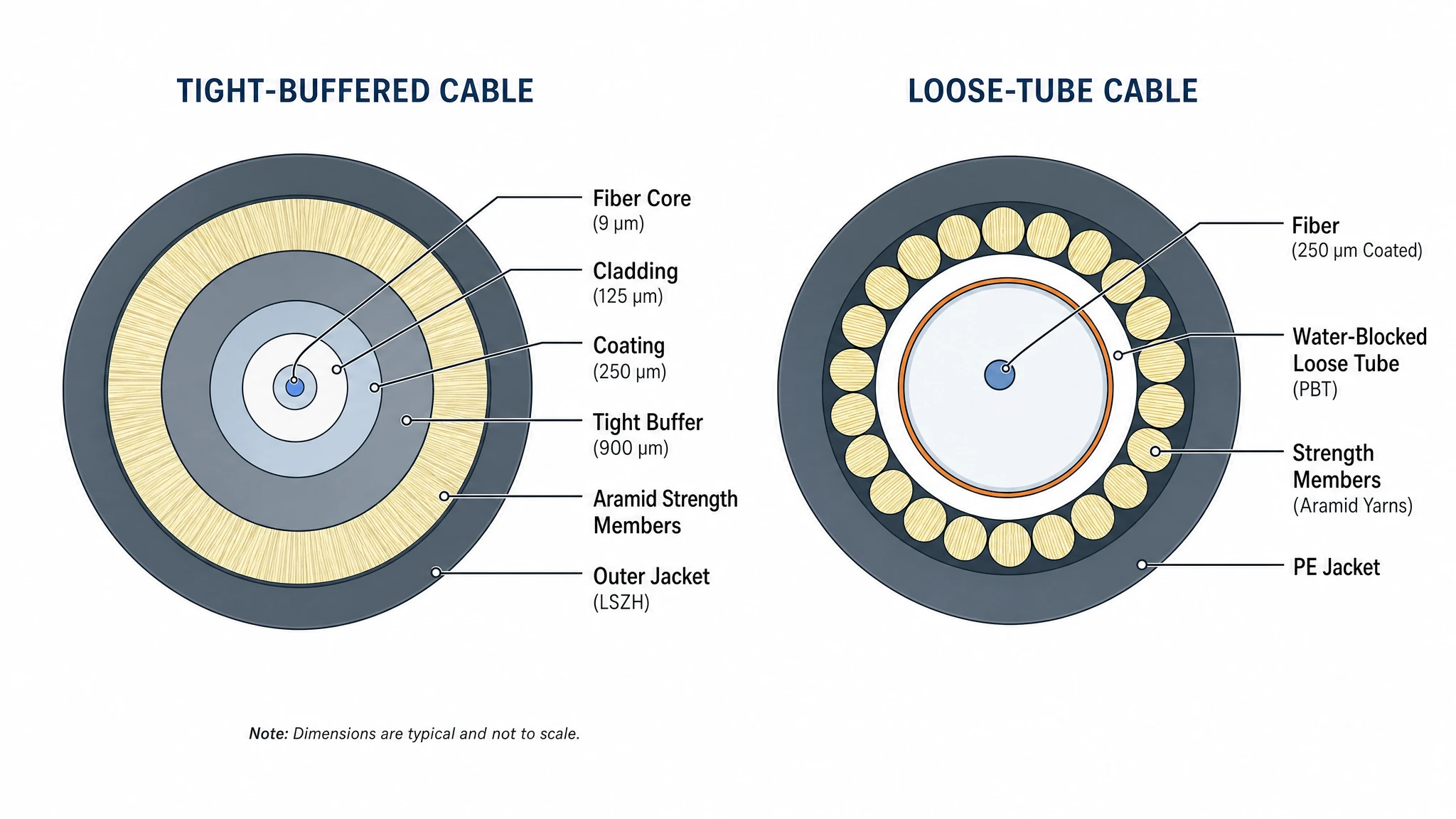 Cross-section comparison of tight-buffered and loose-tube fiber optic cable with labeled layers