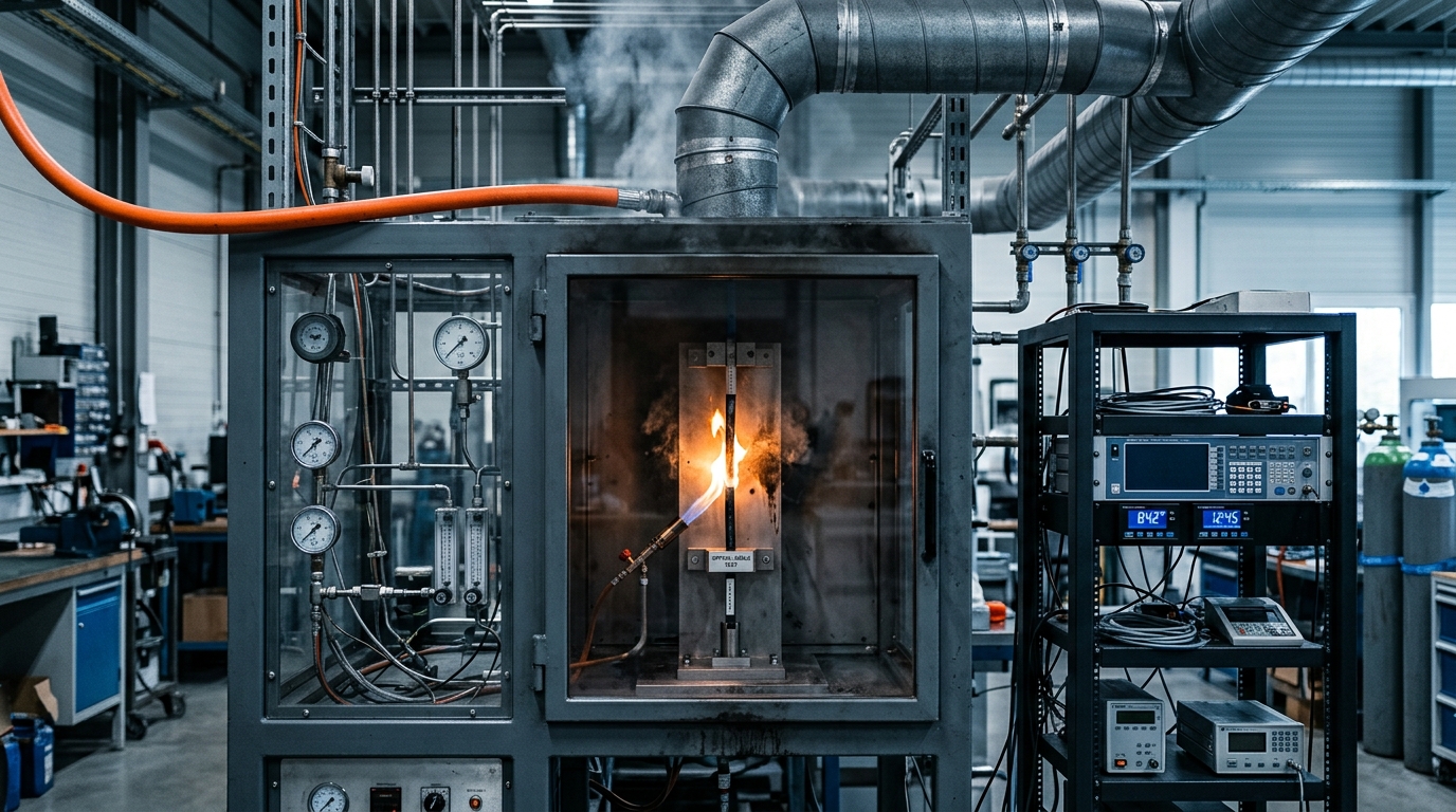 Fiber optic cable sample undergoing reaction-to-fire testing in a CPR certification chamber for Euroclass classification