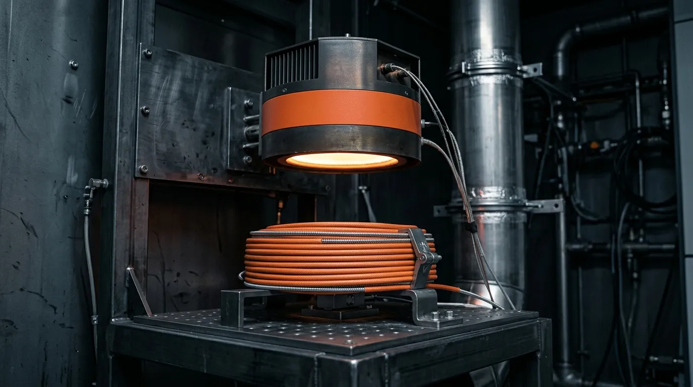 Cable sample entering a reaction-to-fire test chamber for Euroclass classification under an AVCP programme