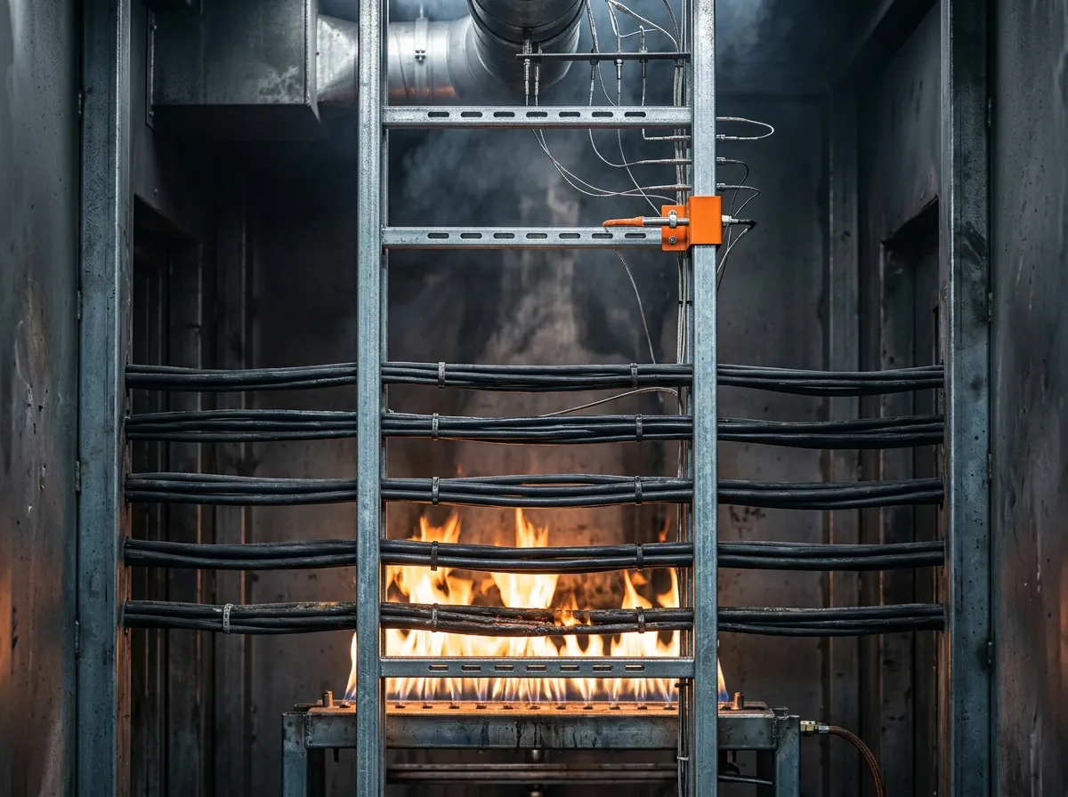 Cable heat-release test chamber with vertical cable ladder, gas burner and instrumented extraction duct