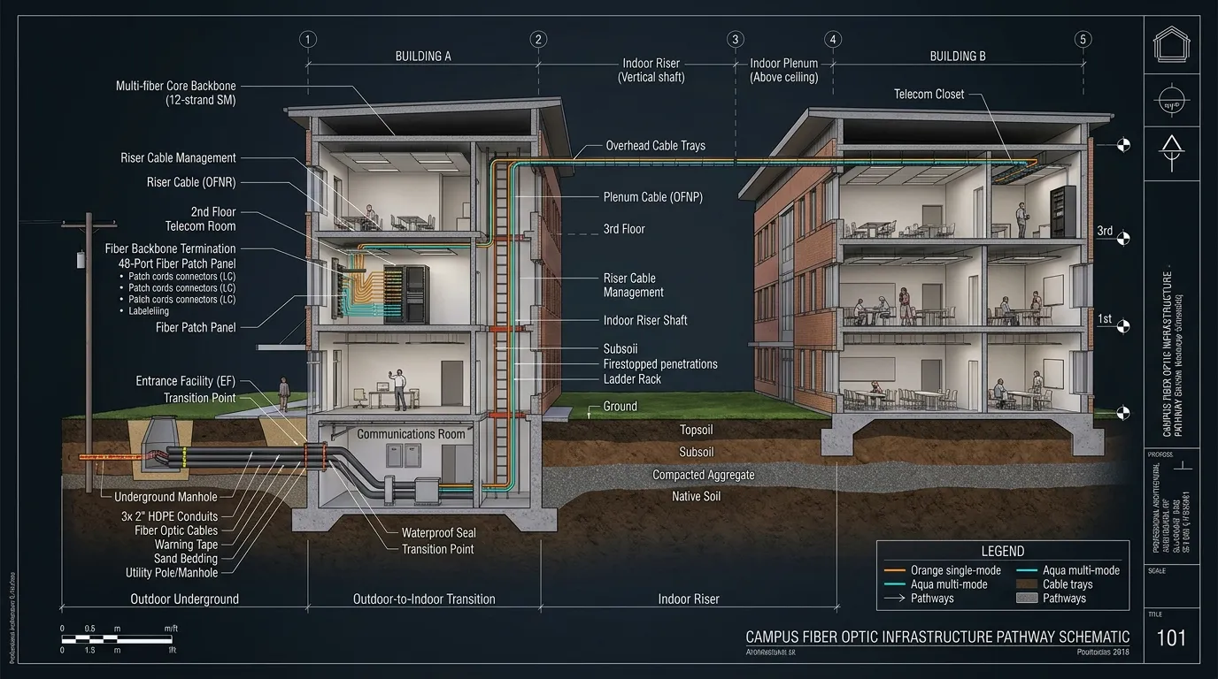 Architectural cross-section of campus fiber cable pathways showing underground conduit, building entry, and indoor riser