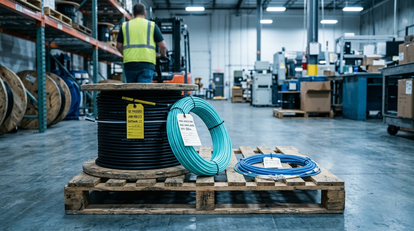 Fiber optic cable types staged for dispatch with inspection tags, showing which CE RoHS REACH and CPR documents apply per cable type