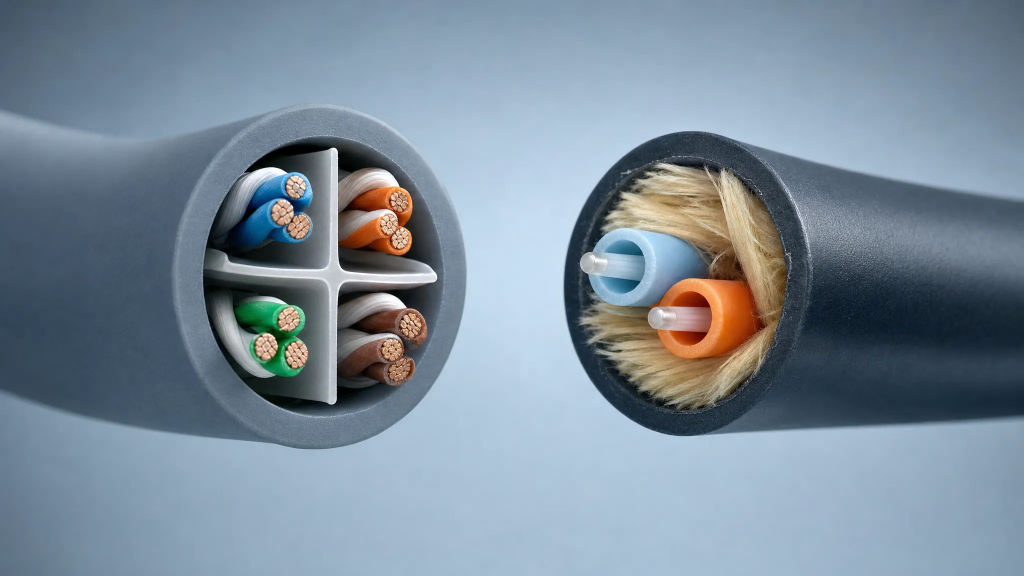 Cutaway comparison of a four-pair copper Cat6 cable and a duplex fiber optic cable showing their different constructions