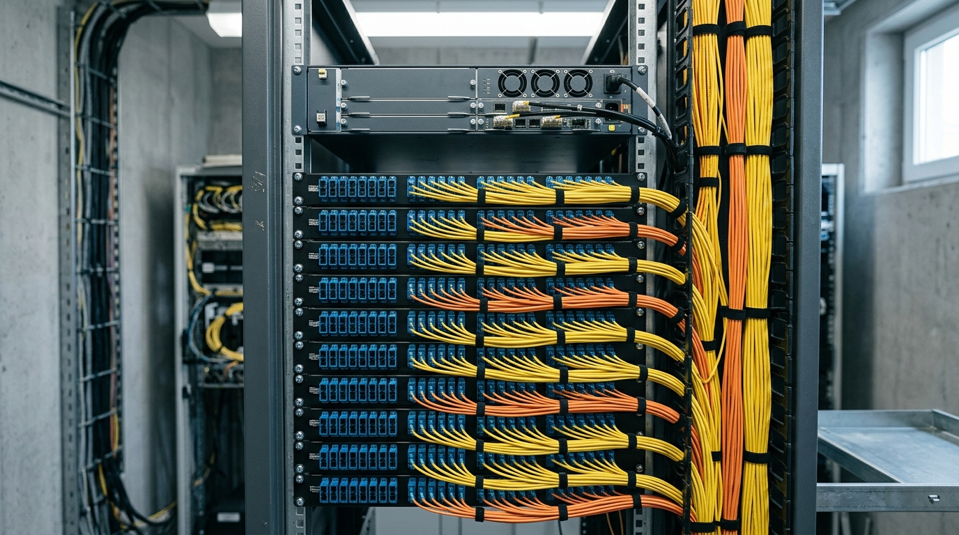 Central office fiber rack with dense patch panels and neat runs of orange patch cords leaving an OLT chassis