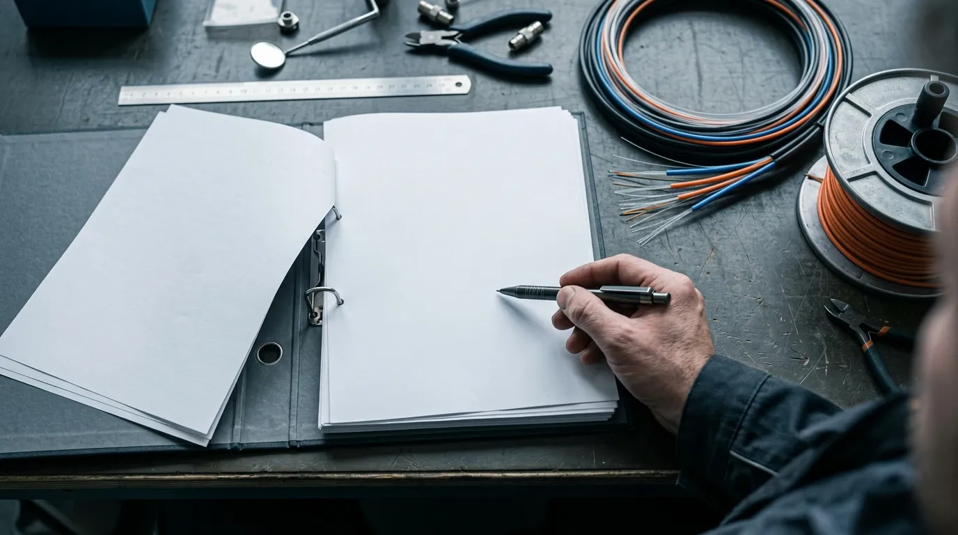 Engineer reviewing OEM certification documents beside a fiber optic cable sample during white-label supplier audit