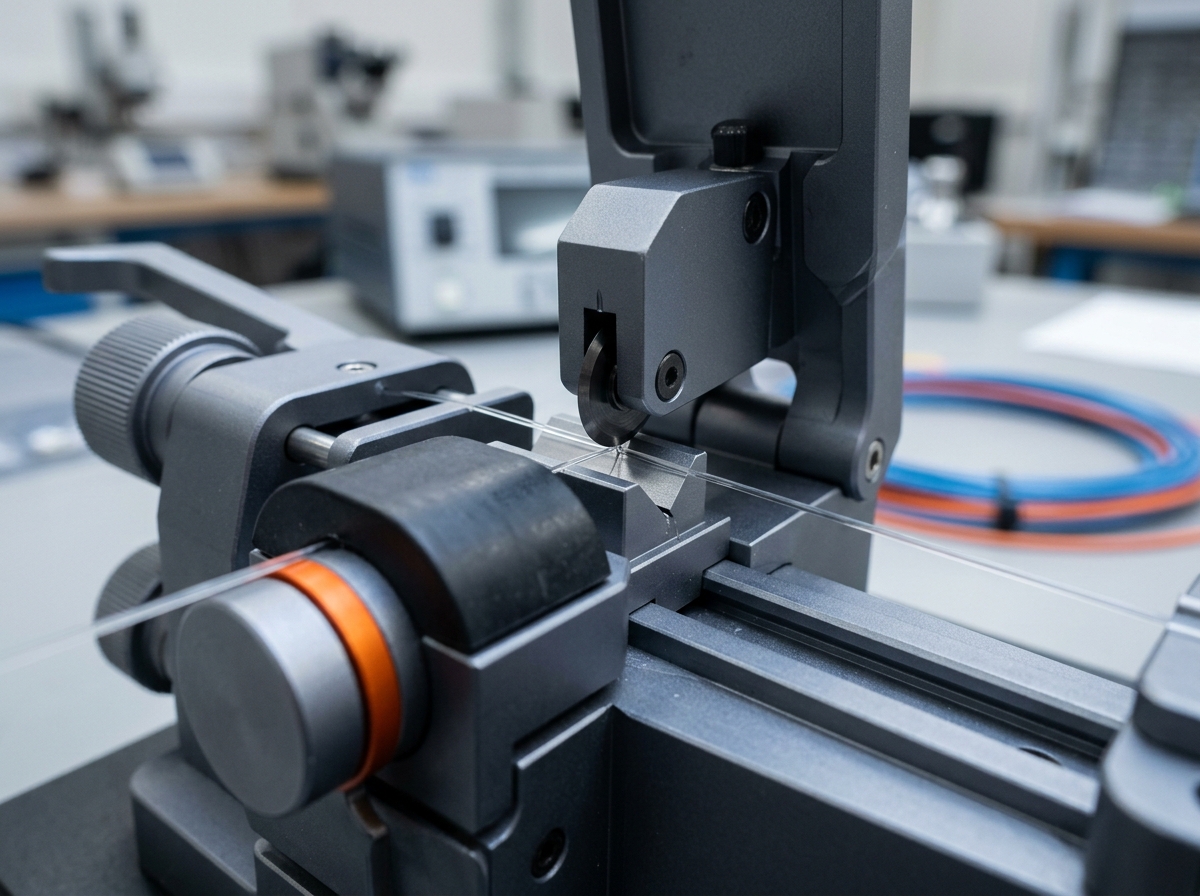 Precision fiber cleaver scoring a bare 125 micron fiber before insertion into an FTTR fast connector, the step that decides insertion loss