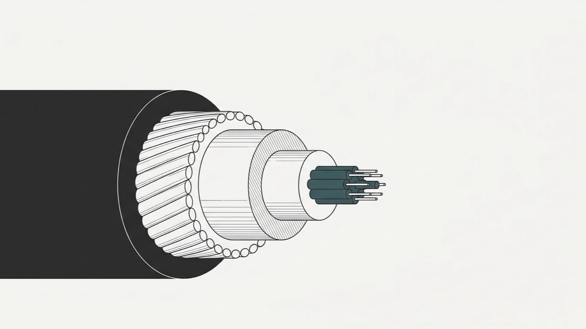 Line-art cutaway diagram of a submarine fiber optic cable showing steel armor wires, copper tube, and fiber core layers