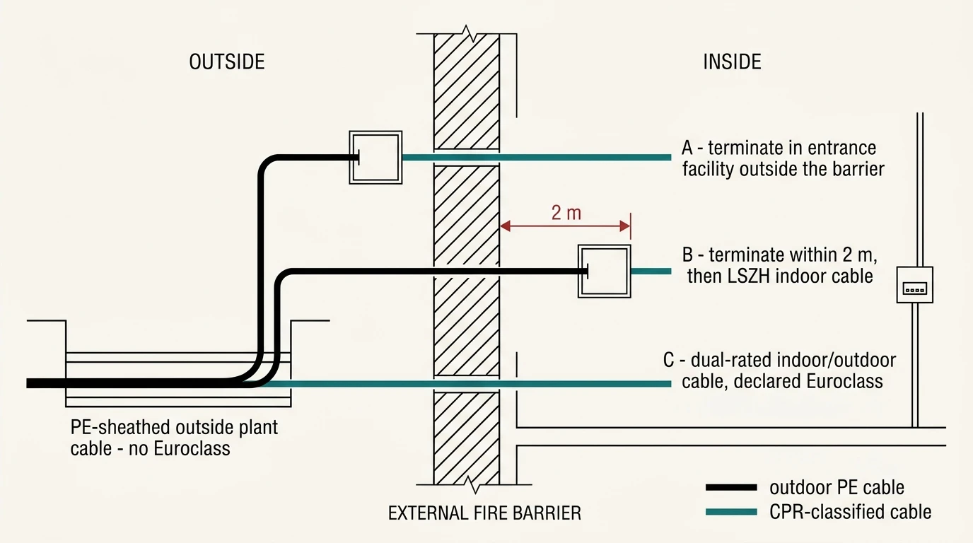 Cross-section of an outdoor PE-sheathed fibre cable entering a building through the external fire barrier, showing the three EN 50174-2 compliant options: A terminate in an entrance facility outside the barrier, B terminate within 2 m of the internal penetration then transition to LSZH indoor cable, C run a dual-rated indoor/outdoor cable with a declared Euroclass straight through
