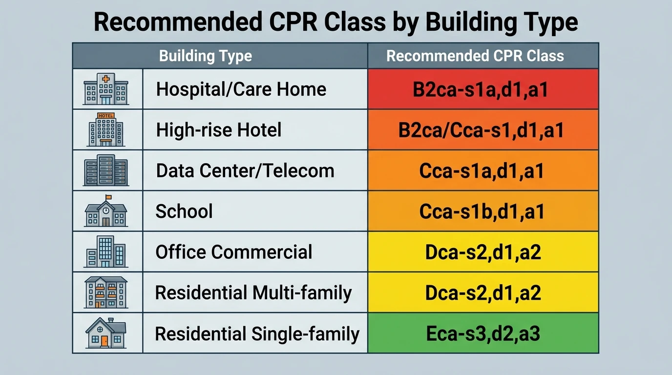 Decision matrix infographic showing recommended CPR class by building type from hospitals to residential