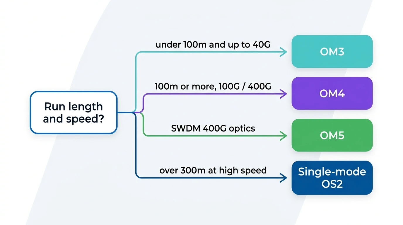 OM3 vs OM4 vs OM5 decision flowchart based on run length and speed, with single-mode OS2 for long high-speed runs