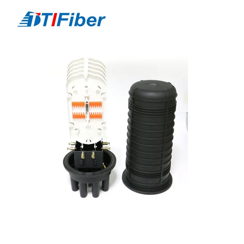 An open dome fiber optic splice closure showing the internal splice tray and cable entry ports, next to its closed ribbed black outer shell