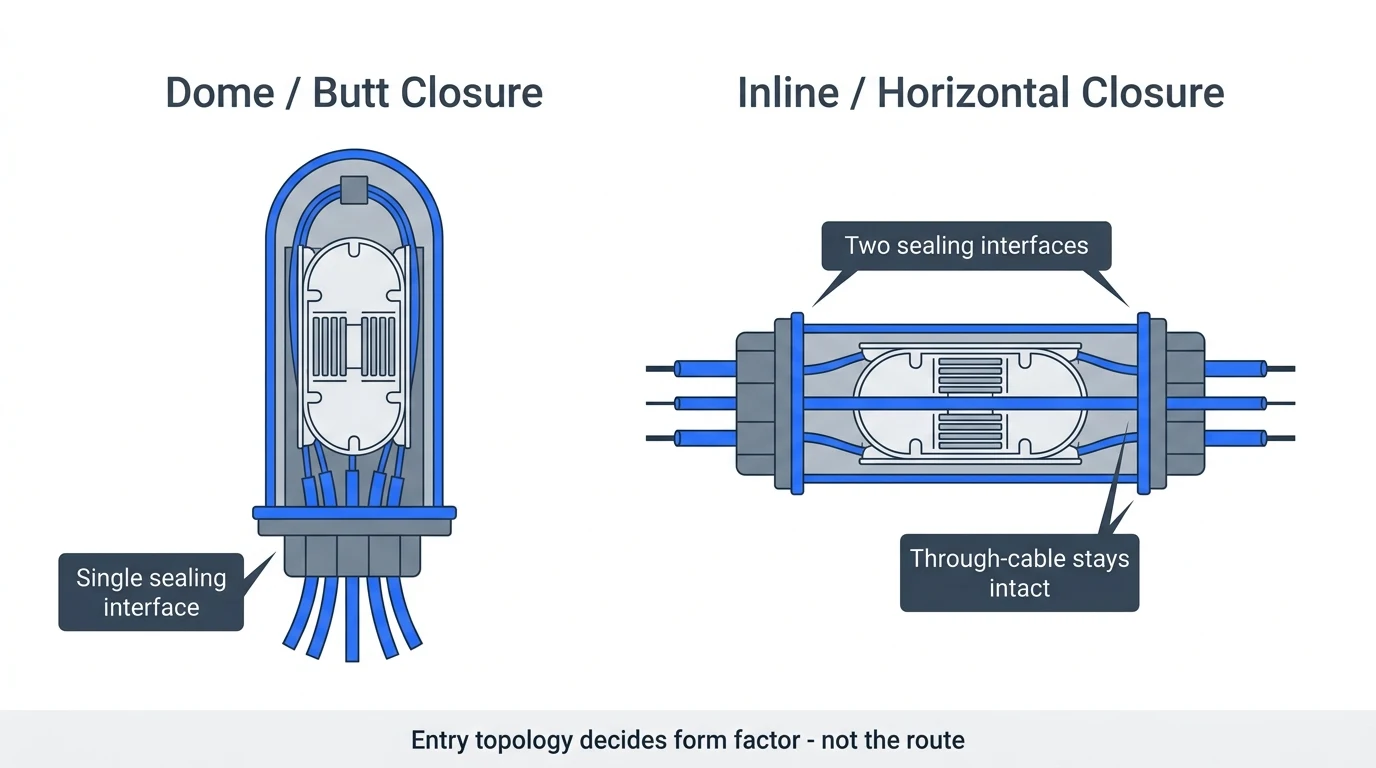 Cutaway comparison of a dome closure with all cables entering one base seal versus an inline closure with cables entering both ends and a through-cable passing intact, each showing stacked splice trays
