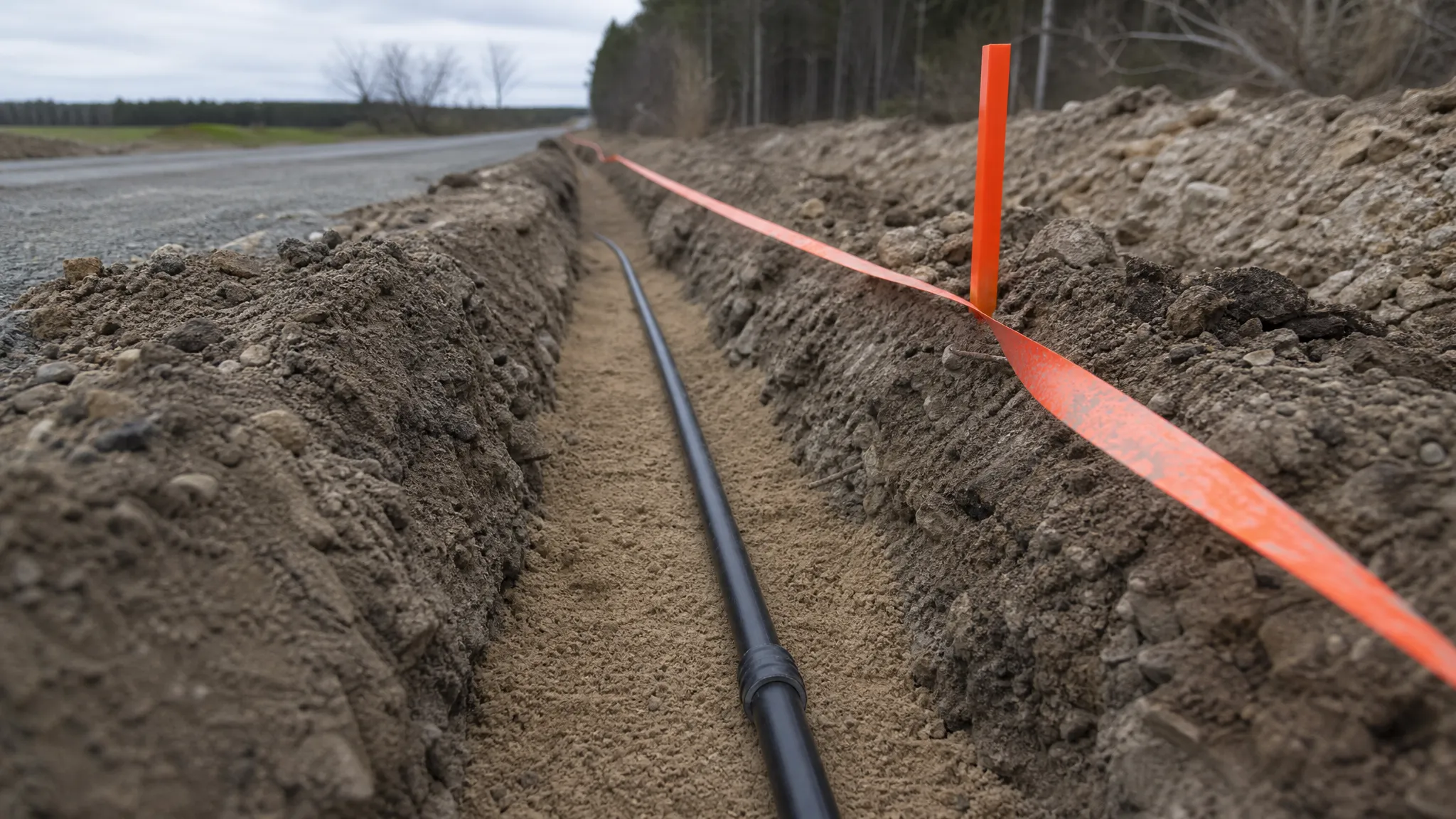 Double armored fiber optic cable laid in an open trench beneath a roadbed with sand bedding and screened backfill