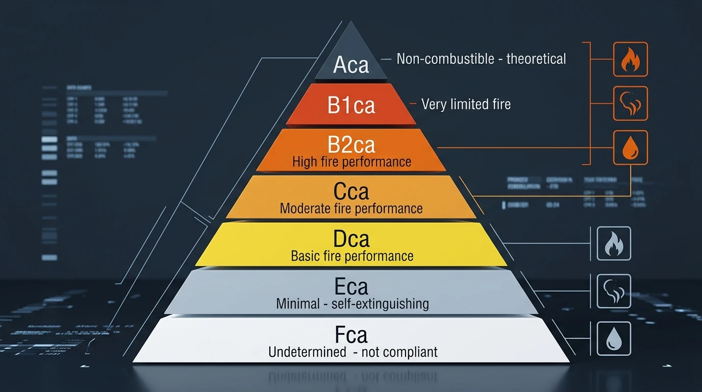 CPR Euroclass comparison table from Aca to Fca with test criteria and fire performance levels