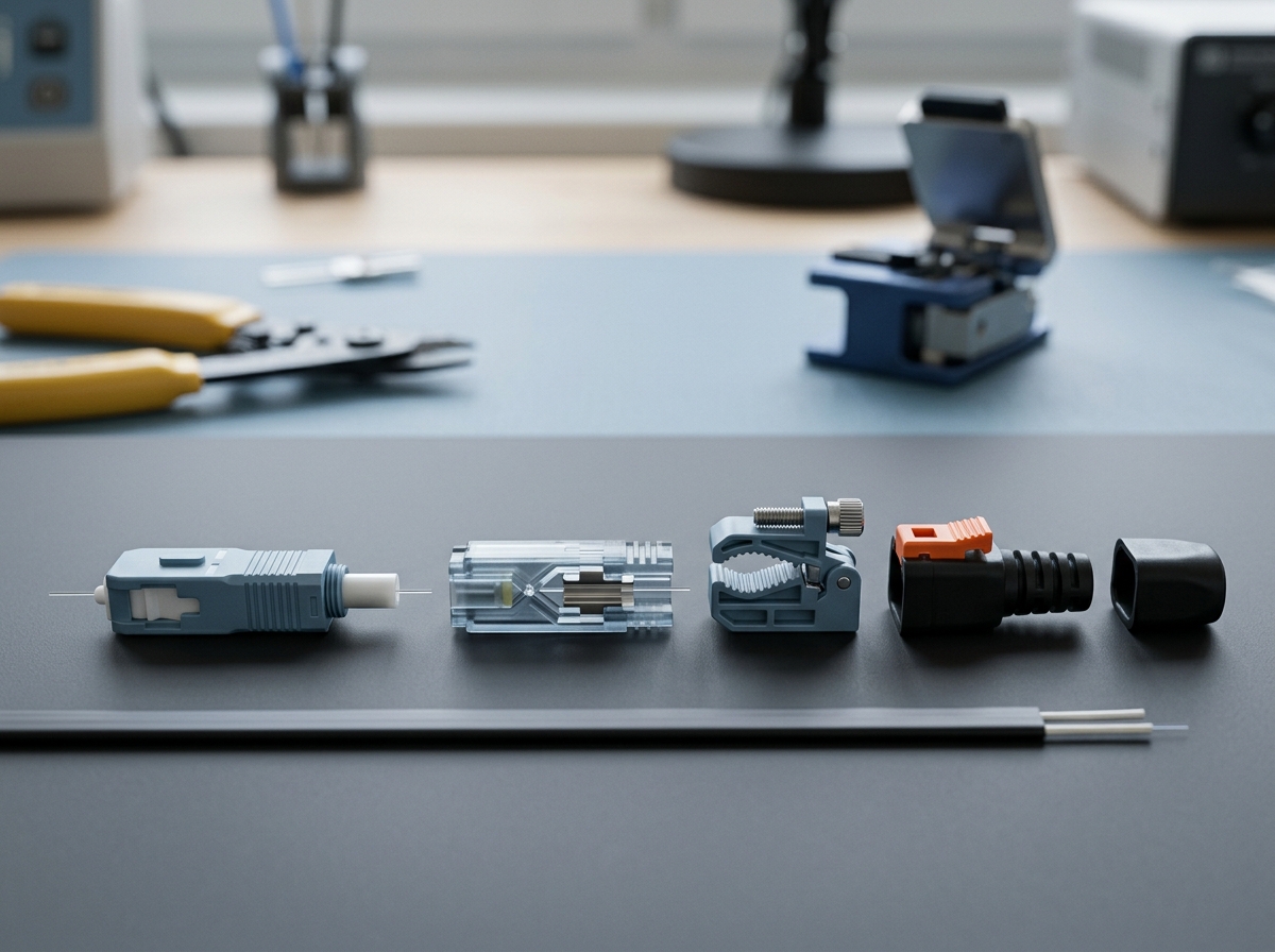 Exploded view of a pre-polished SC fast connector: ferrule, mechanical splice housing, and boot for FTTR fiber termination