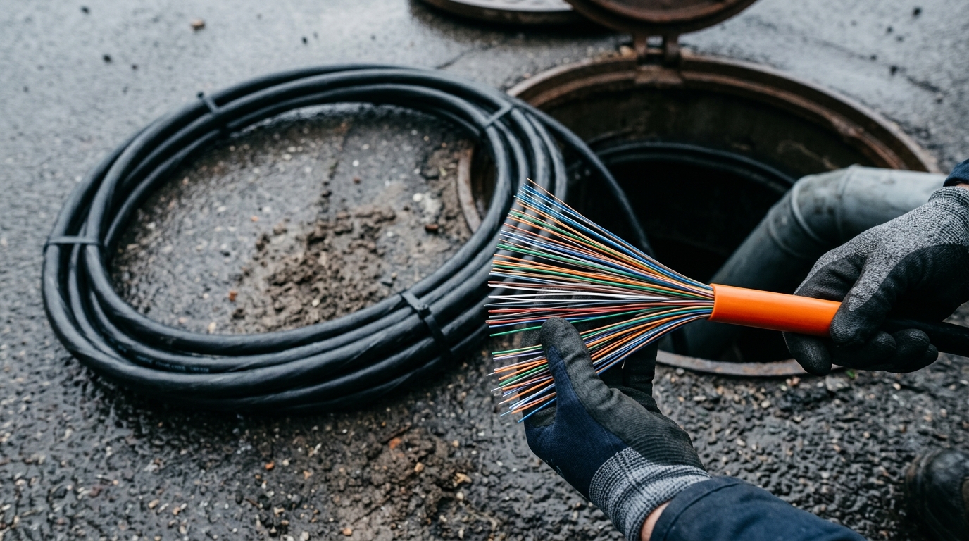 Coiled outdoor feeder cable beside an open manhole with its cut end fanned into a color-coded bundle of single-mode fibers