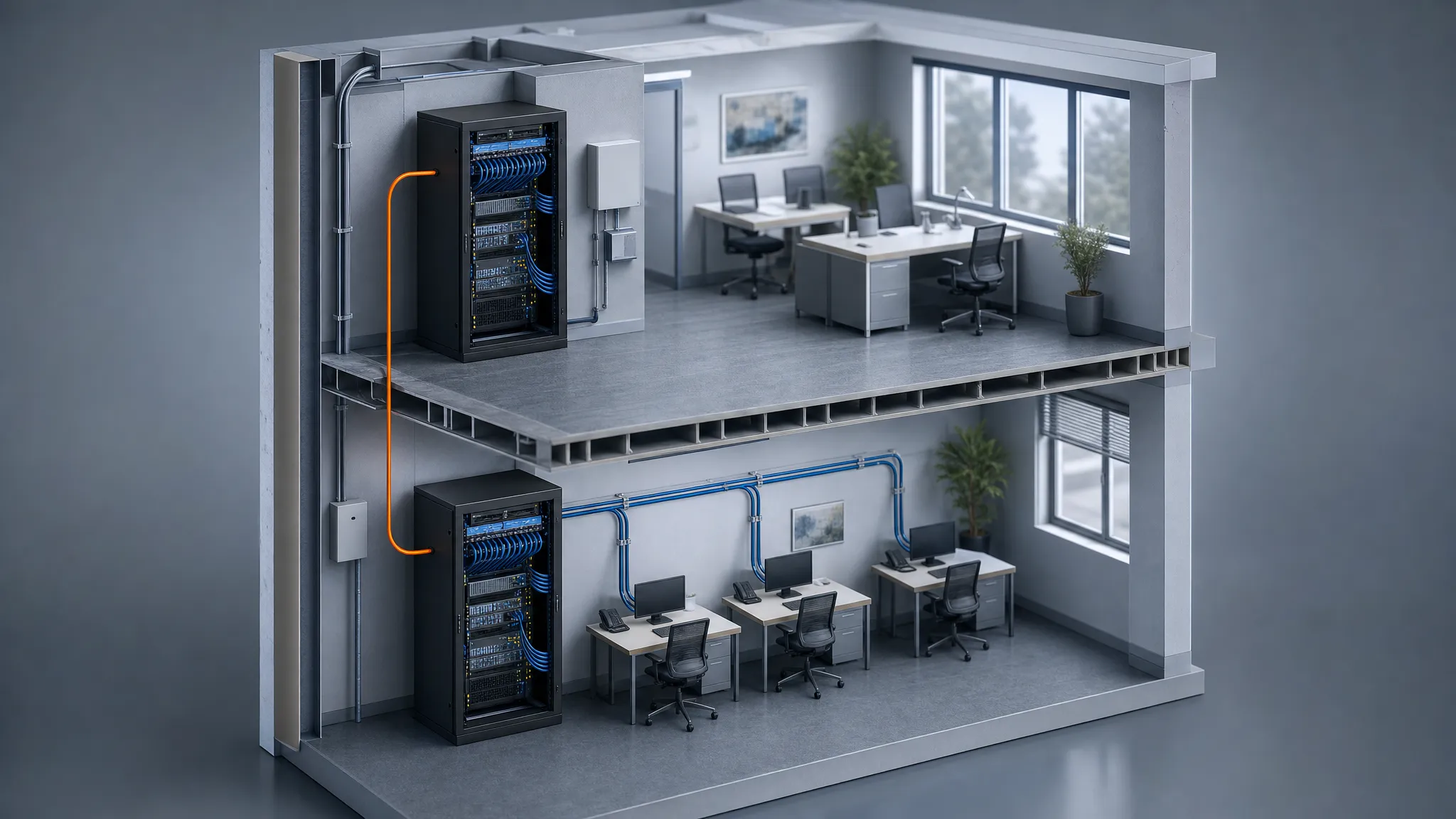 Two floor racks linked by a fiber backbone with separate copper horizontal cabling runs to workstations