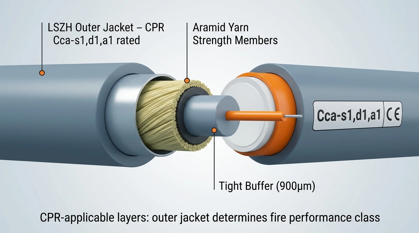 Cross-section diagram of a CPR-rated fiber optic cable showing LSZH outer jacket and classification labeling