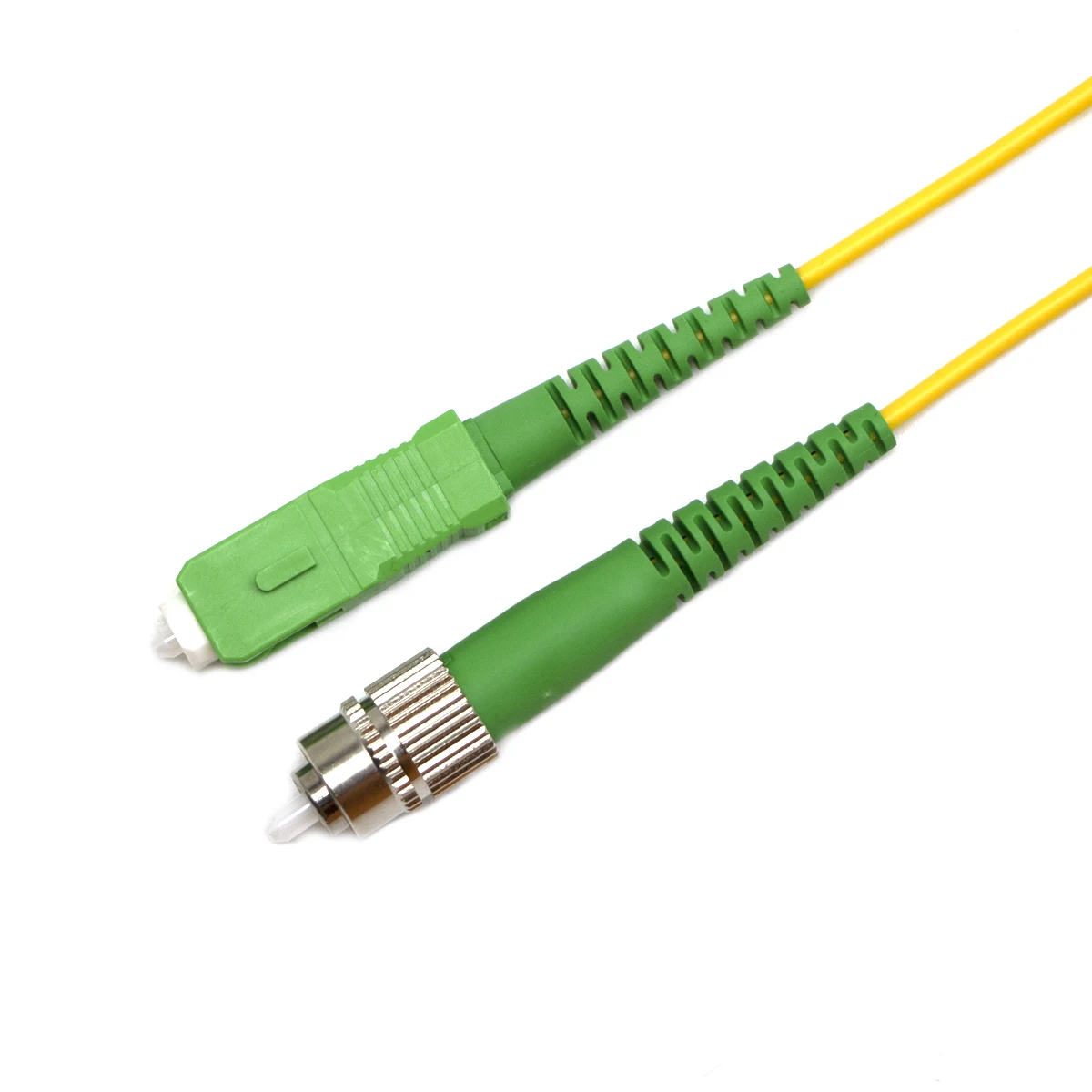 Green angled-physical-contact fiber optic connectors on singlemode patch cords, the color code for APC polish