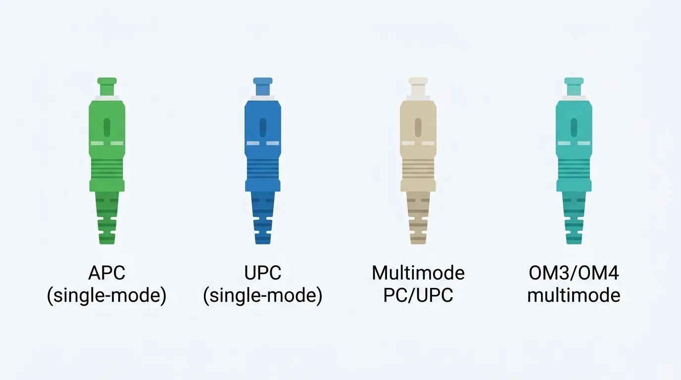 Fiber optic connector color coding chart showing a green boot for single-mode APC, a blue boot for single-mode UPC, and beige and aqua boots for multimode connectors
