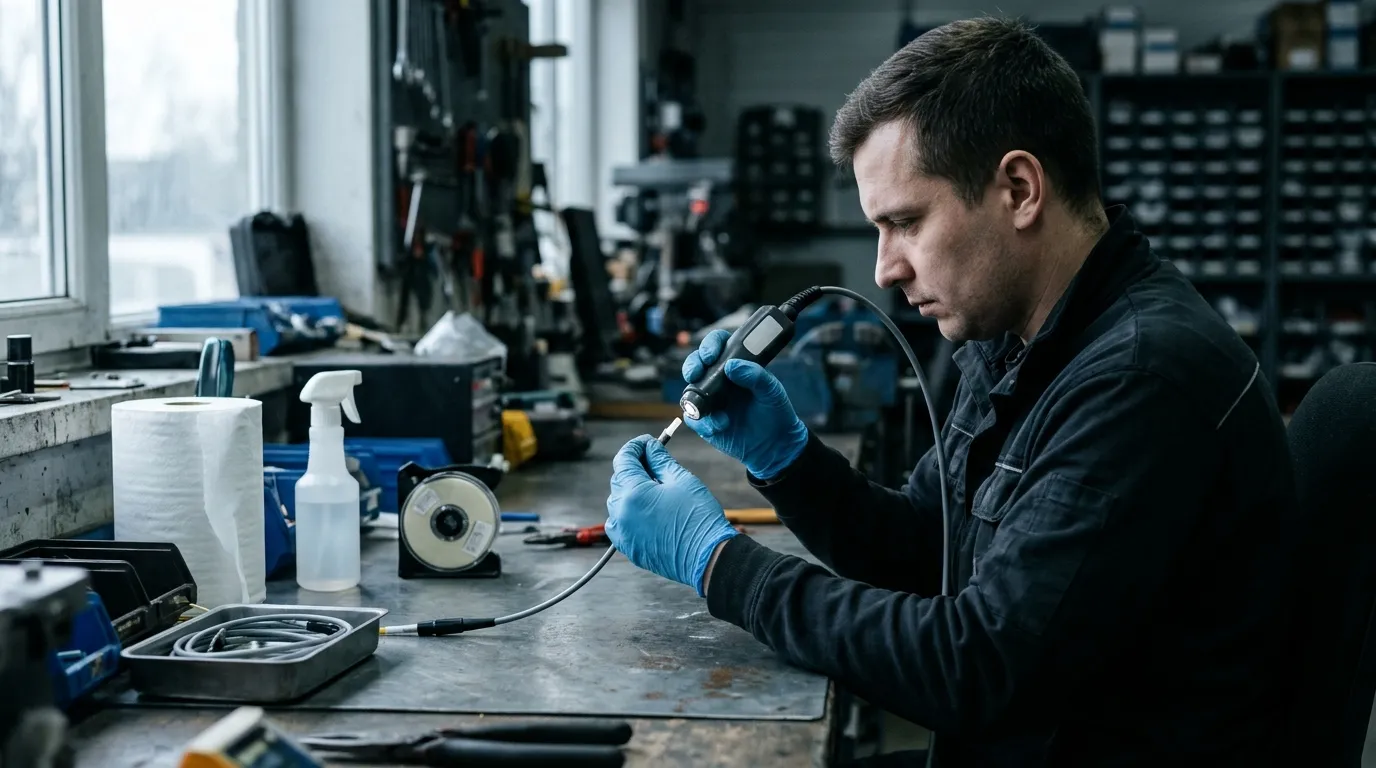 Technician in blue nitrile gloves inspecting a fiber connector ferrule with a handheld inspection scope at a workbench