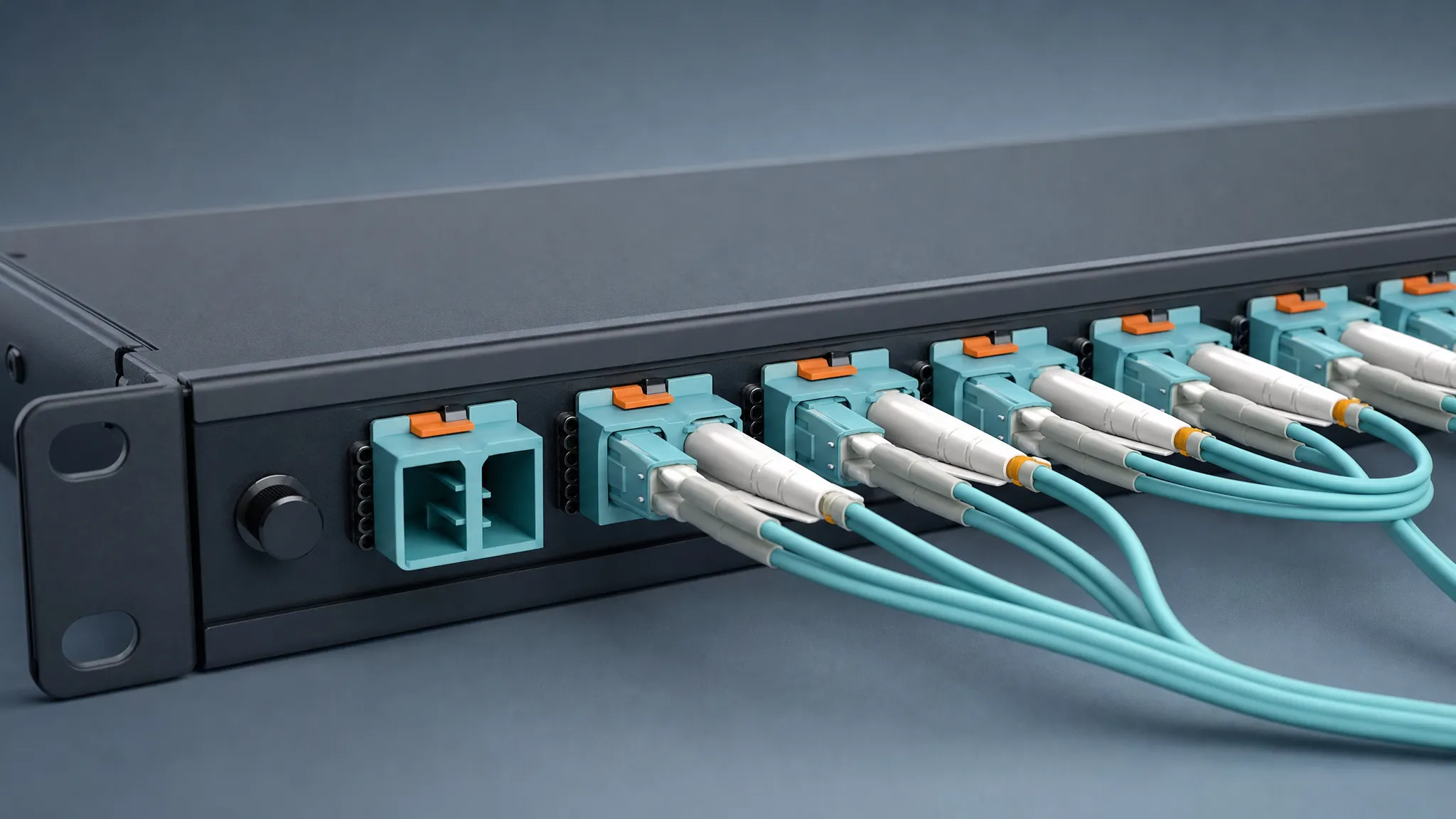 Rack-mounted fiber optic patch panel with LC duplex ports and aqua patch cords, one of the fiber-side cost line items