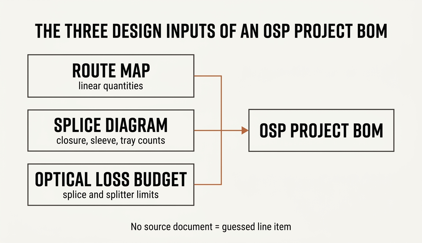 The three inputs to an OSP project BOM: route map, splice diagram, and optical loss budget