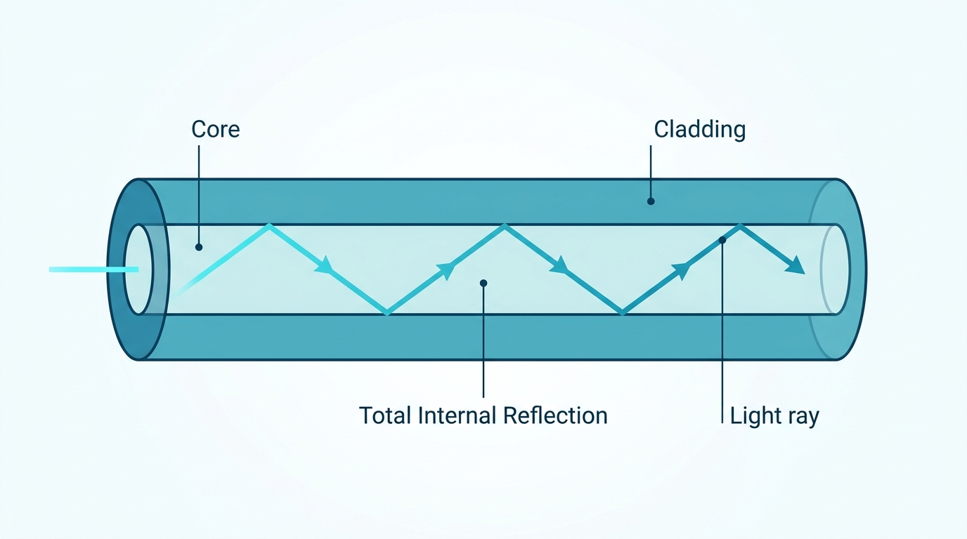 Diagram showing light undergoing total internal reflection as it travels down the core of an optical fiber