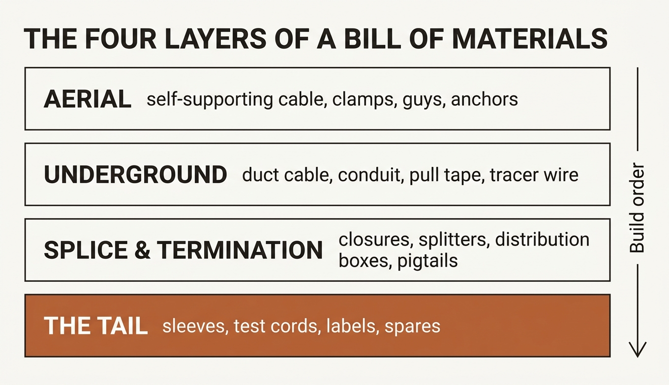 Four-layer structure of an OSP bill of materials: aerial, underground, splice and termination, and consumables