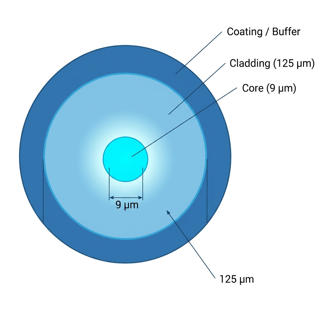 Cross-section of an optical fiber showing the core, cladding, and protective coating layers