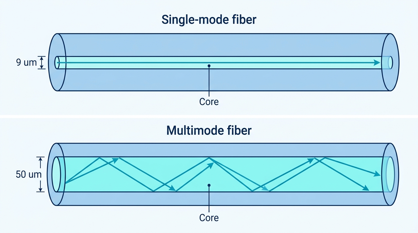 Comparison diagram showing a single light path in single-mode fiber versus multiple light paths in multimode fiber