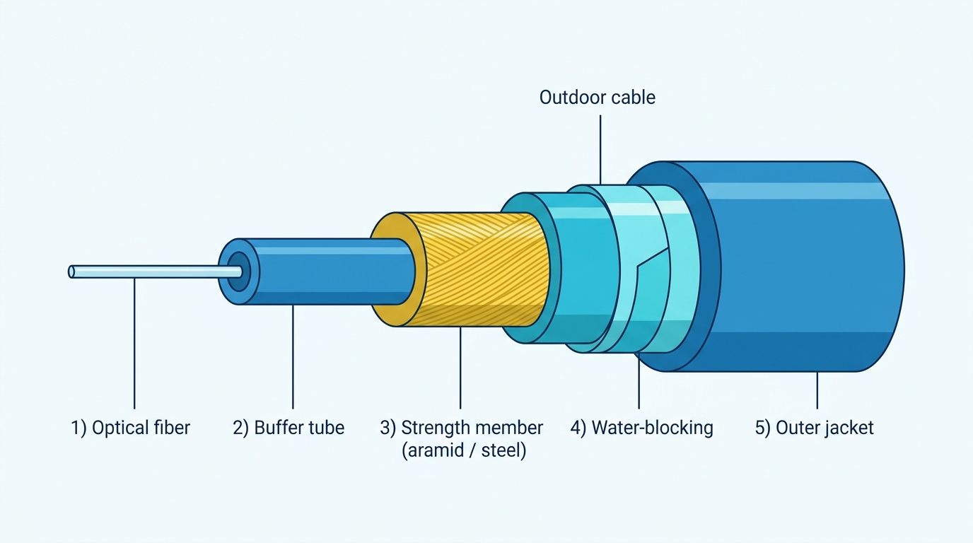 Illustration of the journey from a single hair-thin glass fiber to a fully constructed outdoor fiber optic cable
