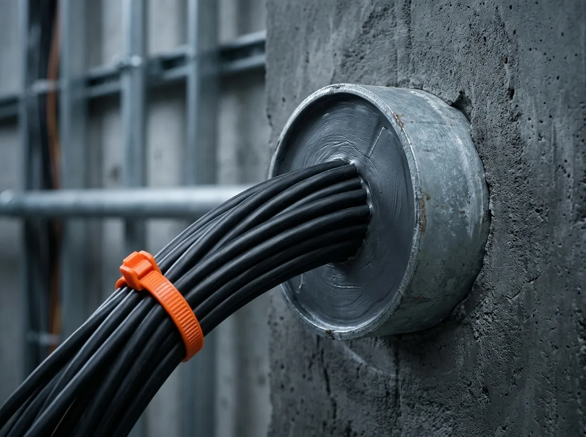 Fiber cable bundle sealed into a concrete wall penetration with intumescent firestop compound