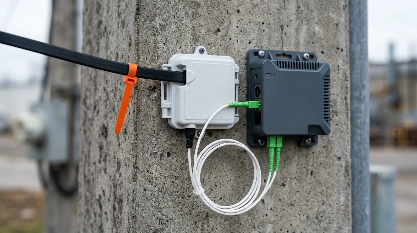 FTTH drop cable entering a wall terminal box and connecting to an ONT, the last segment of the ODN