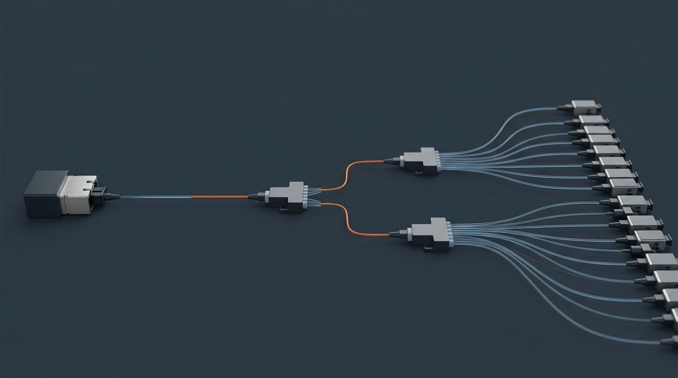 Schematic of one PON port feeding a cascaded passive splitter stage and drop fibers to customer terminals