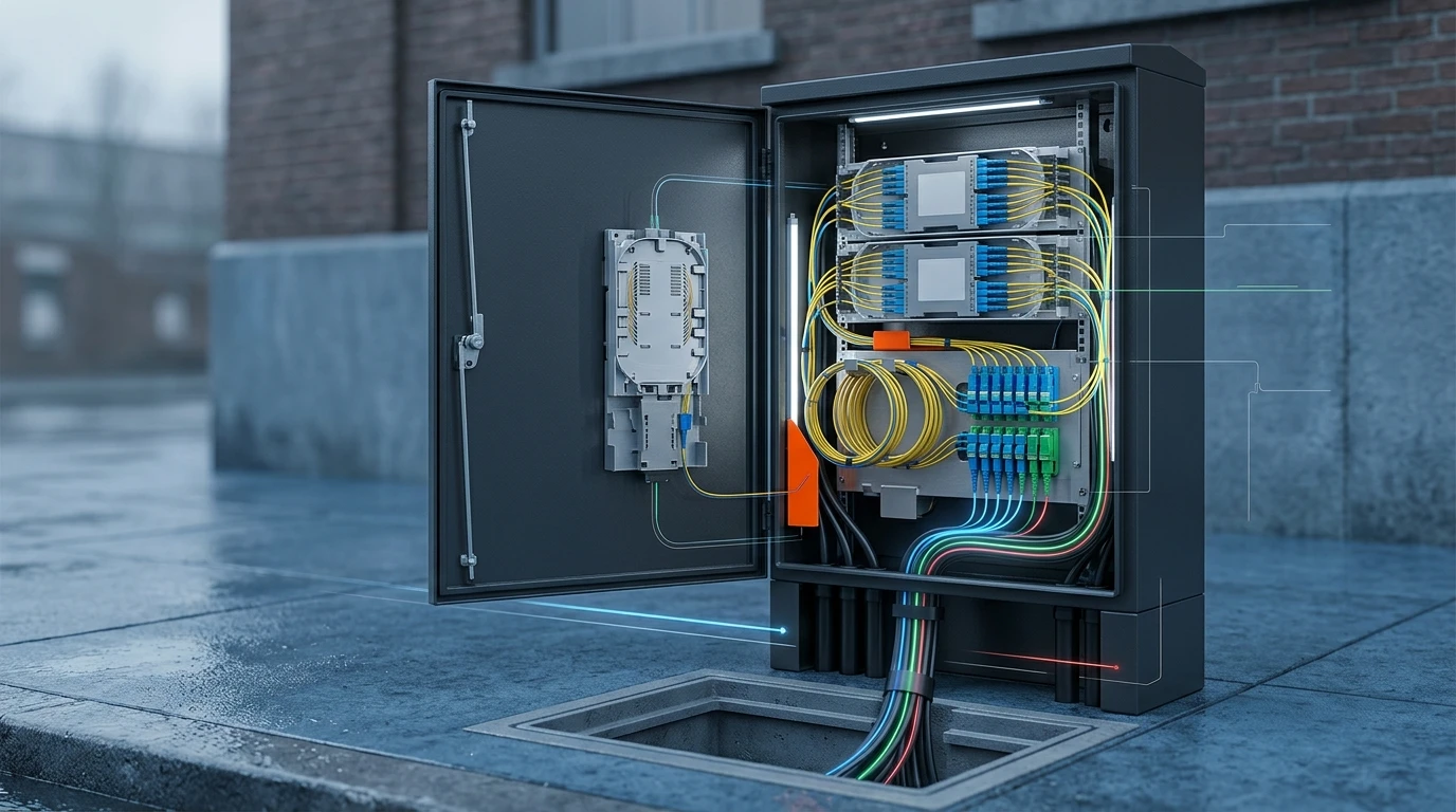Street splitter cabinet with trays and patch cords, where a mis-sized splitter ratio only becomes visible after cutover