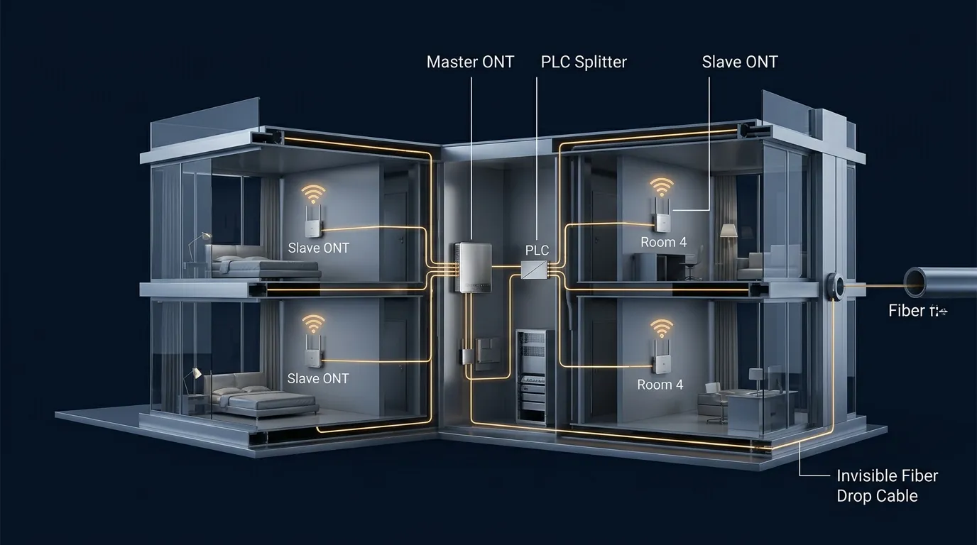 FTTR network architecture diagram showing master ONT, PLC splitter, and slave ONTs connected by fiber to individual rooms