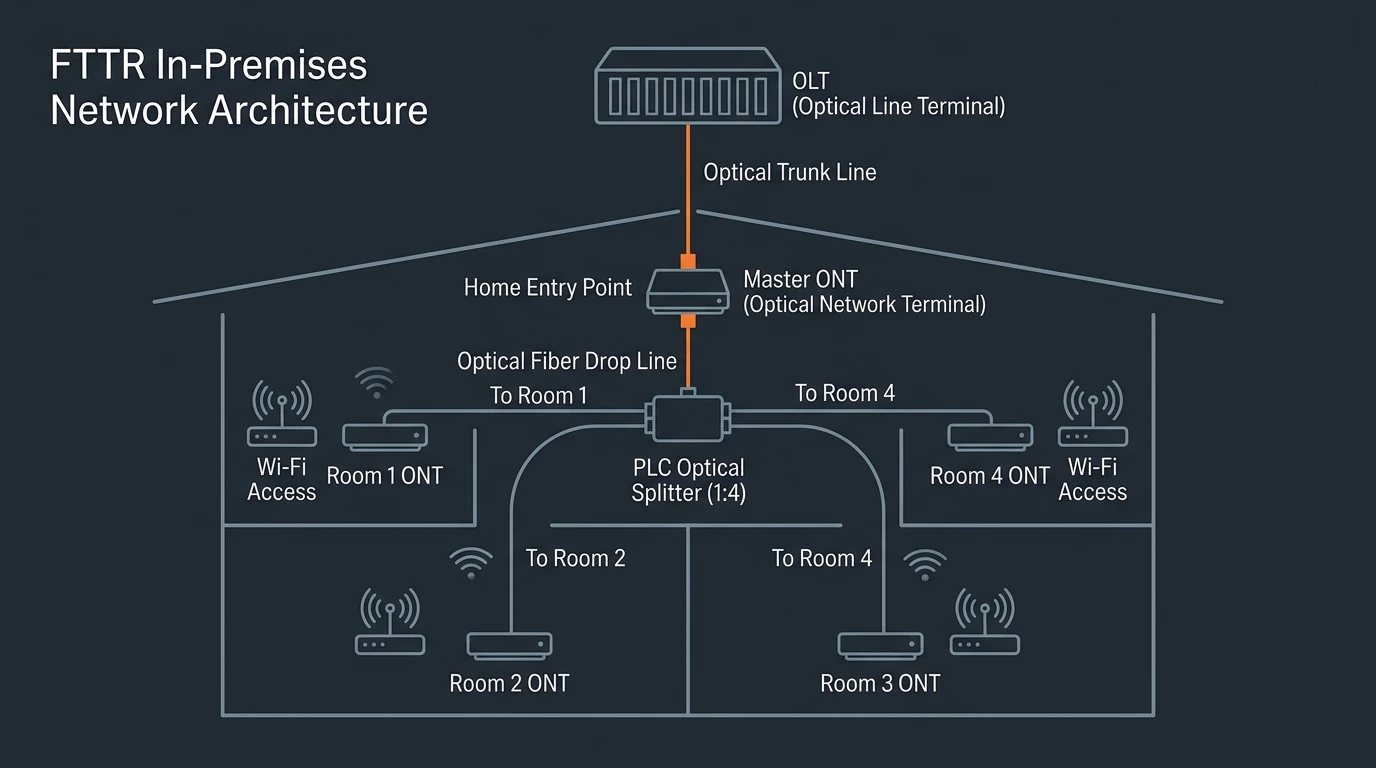 FTTR in-premises architecture diagram: OLT to master ONT, PLC splitter, and drop cables to room ONTs with Wi-Fi access points, technical schematic, cool gray-blue with safety-orange accents