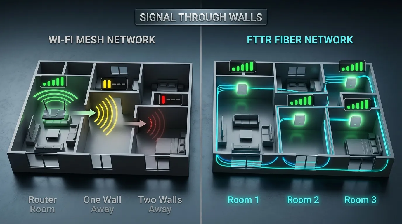 Side-by-side comparison of Wi-Fi mesh signal degradation through walls versus FTTR fiber delivering full bandwidth to every room