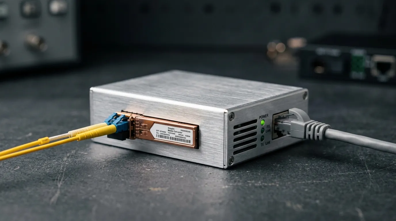 Gigabit media converter with an SFP transceiver module inserted, LC duplex patch cord connected to the module